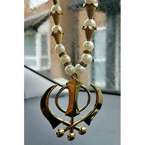 Onlinesikhstore ltd Gold Plated Sikh khanda Pendant for Car rear Mirror hanging in stretchable pearls mala