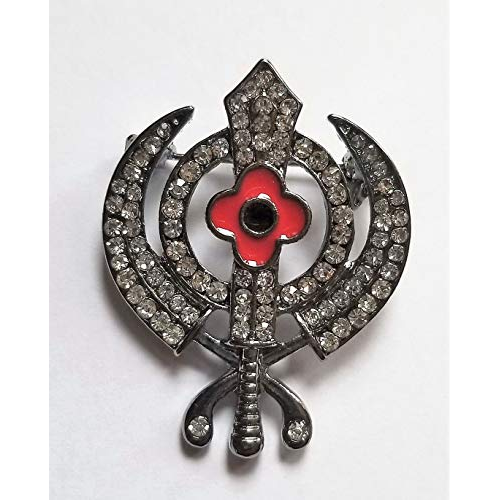 OnlineSikhStore Stunning Diamonte Silver Plated Sikh Rememberance Day Poppy Khanda Brooch Cake Pin Singh Turban Dumala