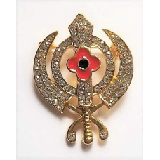 OnlineSikhStore Stunning Diamonte Gold Plated Sikh Rememberance Day Poppy Khanda Brooch Cake Pin Singh Turban Dumala