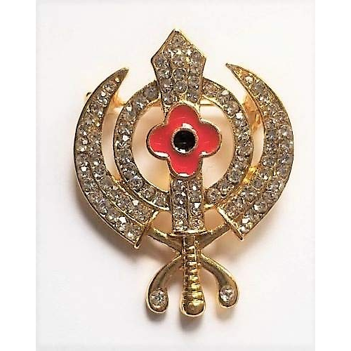 OnlineSikhStore Stunning Diamonte Gold Plated Sikh Rememberance Day Poppy Khanda Brooch Cake Pin Singh Turban Dumala