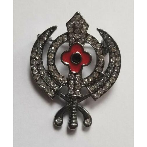 Stunning Diamonte Black Gun Metal SIKH Khanda Poppy Rememberance Day Brooch Pin