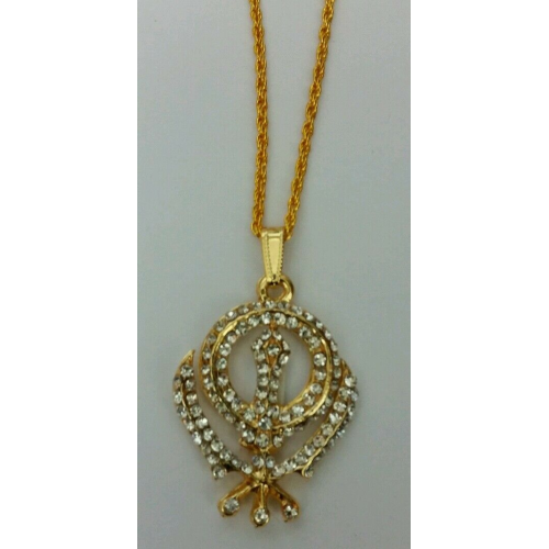 UNISEX Small Stunning Rhinestones Gold Plated Punjabi Hindu Sikh Khanda Pendant