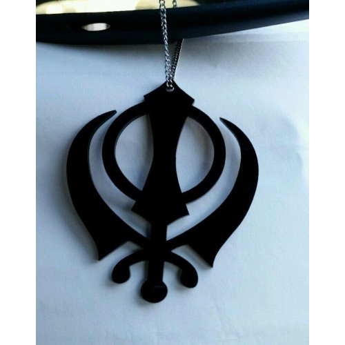LARGE Black Acrylic Khanda Punjabi Sikh Pendant Car Rear Mirror Hanging in Chain
