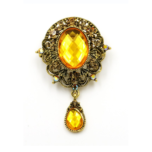 Yellow Stone Brooch Vintage Look Gold Plated Suit Coat Broach Collar Pin GGG61