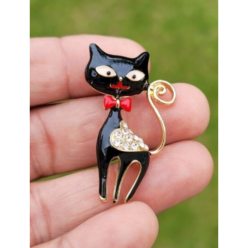 Black cat brooch vintage look gold plated retro enamel celebrity broach pin k20