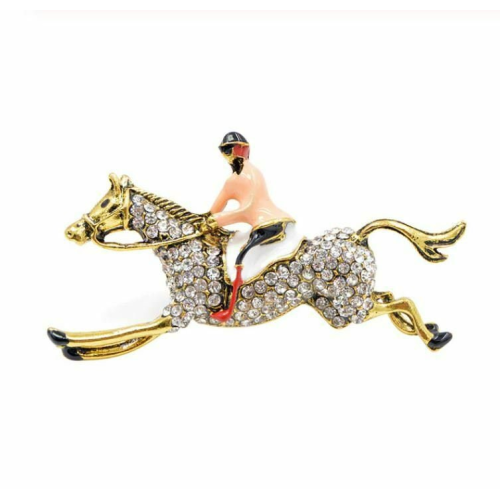 Stunning vintage look gold plated horse jockey celebrity brooch broach pin f24