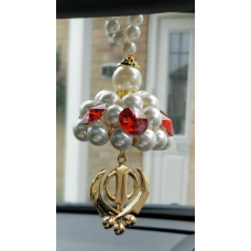 Gold plated punjabi sikh small khanda stunning pendant car rear mirror beads red