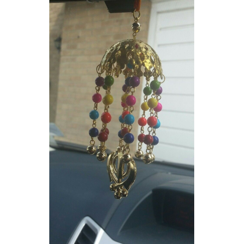 Gold plated umbrella punjabi sikh khanda stunning pendant car rear mirror hanger