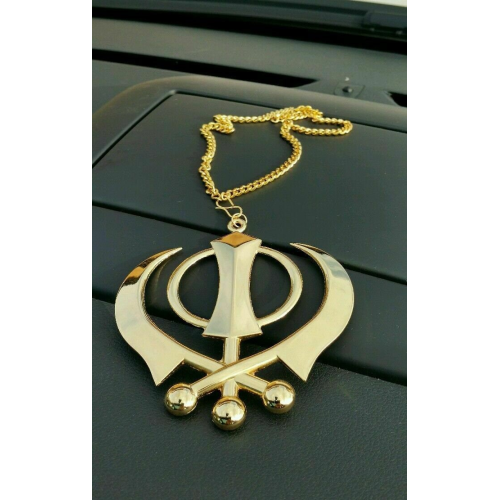 Gold plated punjabi sikh xl khanda no stones stunning pendant car rear mirror