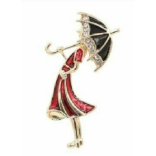 Vintage look gold plated red lady umbrella brooch suit coat broach pin collar u1