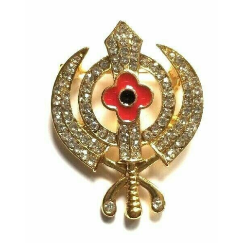 Stunning diamonte gold plated sikh khandapoppy khalsa singh kaur brooch pin gift