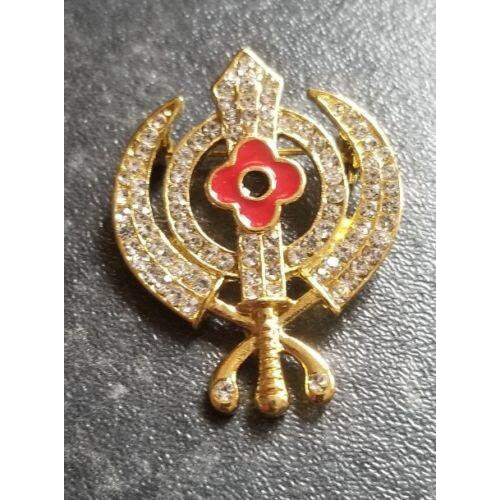 Sikh gold plated poppy khanda brooch for remembrance day