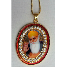 Gold plated stunning sikh singh guru nanak photo large pendant car red os106b