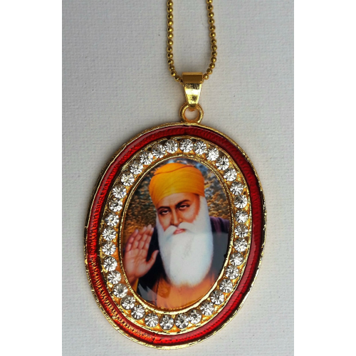 Gold plated stunning sikh singh guru nanak photo large pendant car red os106b