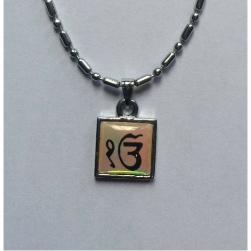 Small punjabi sikh singh silver tone eik onkar square pendant chain necklace k3