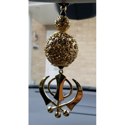 Gold plated khanda punjabi kaur sikh singh pendant car rear mirror hanger mala s