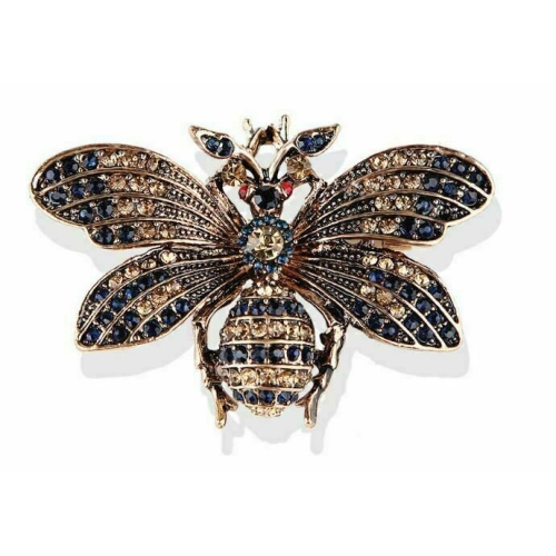 Stunning gold plated gold blue diamante honey bee brooch suit coat broach pin u5