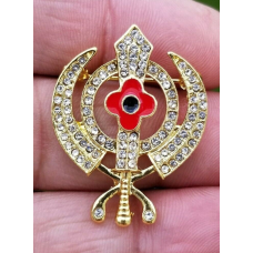 Stunning diamonte gold plated sikh khandapoppy khalsa singh kaur brooch pin gift