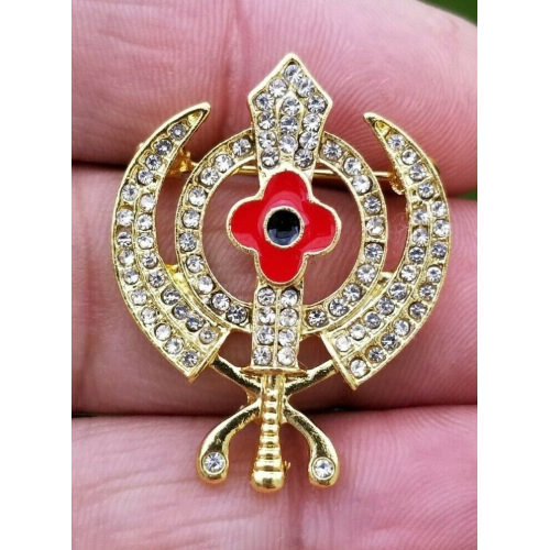 Stunning diamonte gold plated sikh khandapoppy khalsa singh kaur brooch pin gift