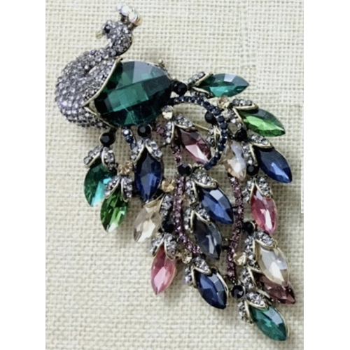 Multicolour peacock big brooch vintage look gold plated suit coat broach pin zy3