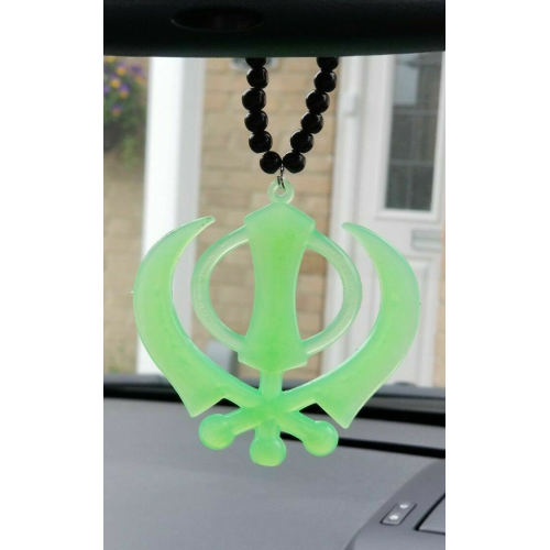 Acrylic green punjabi sikh large khanda stunning pendant car rear mirror black