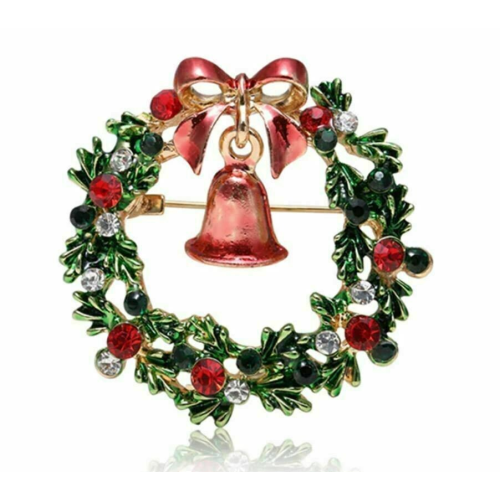 Stunning diamonte gold plated vintage look christmas bell wreath brooch pin b49g
