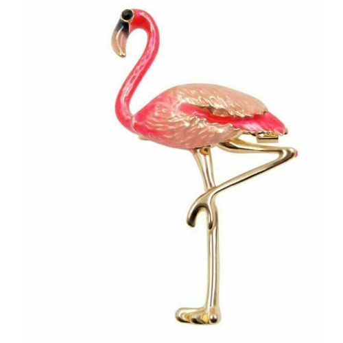 Stunning vintage look gold plated pink enamel big flamingo brooch broach pin b61