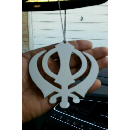 Large white acrylic khanda punjabi sikh pendant car rear mirror hanging in chain