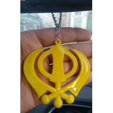 Large yellow acrylic khanda punjabi sikh pendant car rear mirror hanging chain