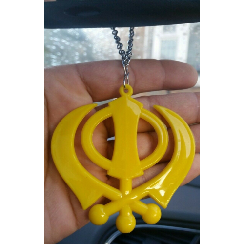 Large yellow acrylic khanda punjabi sikh pendant car rear mirror hanging chain