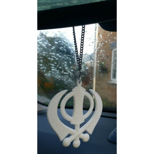 Large white acrylic khanda punjabi sikh pendant car rear mirror hanging chain