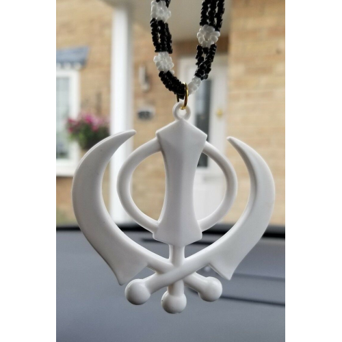 Acrylic white punjabi sikh kaur singh khanda pendant car rear mirror small beads