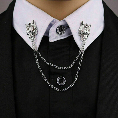 Stunning silver plated vintage look authentic wolf collar chain brooch pin z30