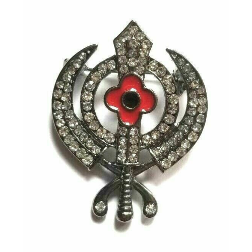 Stunning diamonte black gun metal sikh khandapoppy singh kaur khalsa brooch pin