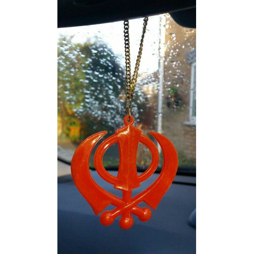 Large orange acrylic khanda punjabi sikh pendant car rear mirror hanging chain