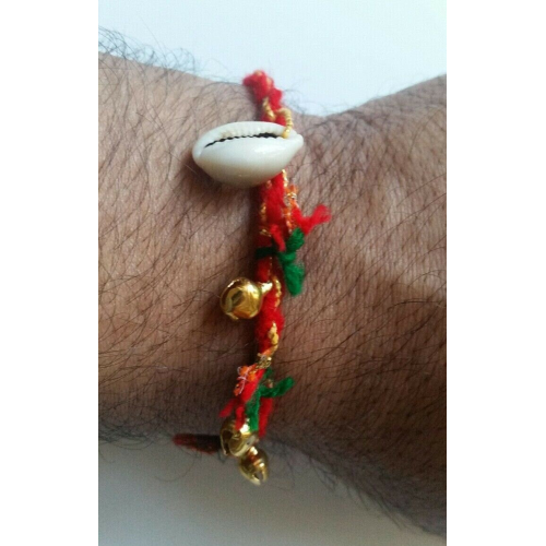 Talisman protection hindu three dangling bells konch shell kaudi lucky bracelet