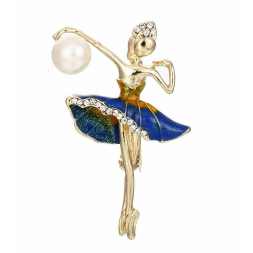 Vintage look gold plated dance girl lady brooch suit coat blue broach pin ha14