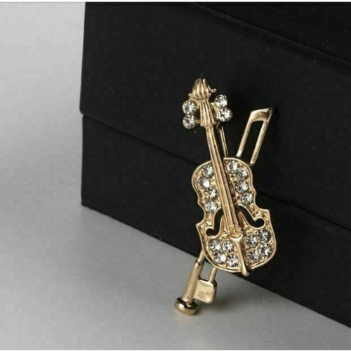 Stunning vintage look gold plated violin music celebrity brooch broach pin e3