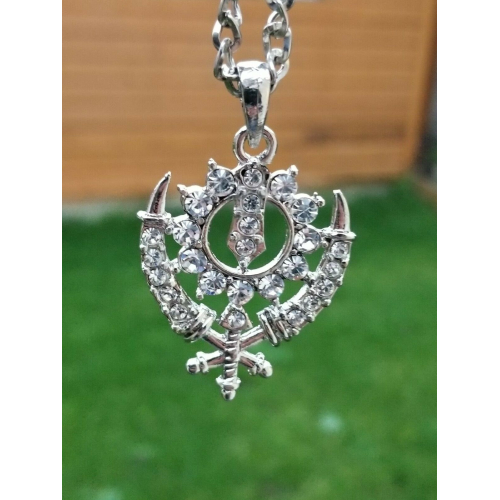 Small steel punjabi sikh khanda pendant - stunning rhinestones - ideal sikh gift