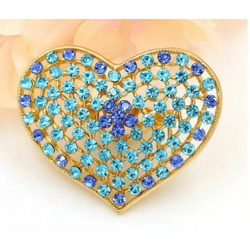 Vintage look gold plated blue stones heart brooch suit coat broach cake pin ao2