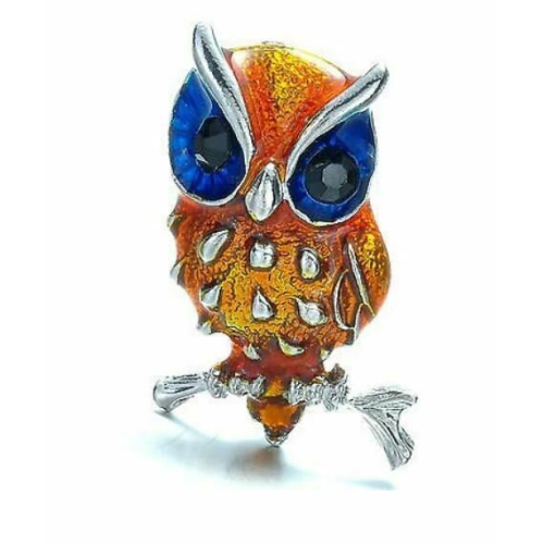 Stunning vintage look silver plated small owl blue eyes brooch broach pin z21