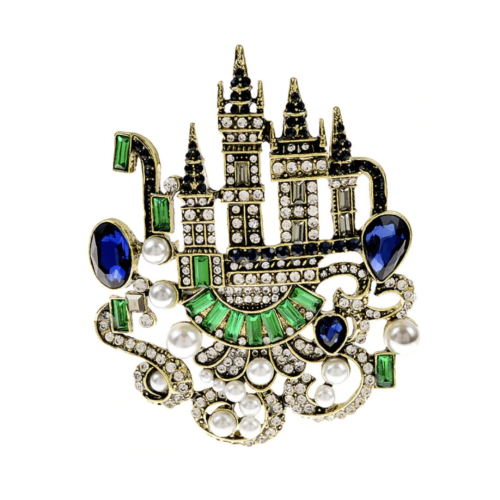 Fairy tale castle brooch vintage look stunning diamonte gold plated pin jjj56