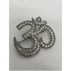 Stunning diamonte antique silver plated om hindu religious brooch broach pin