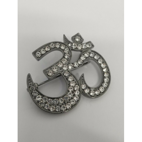Stunning diamonte antique silver plated om hindu religious brooch broach pin