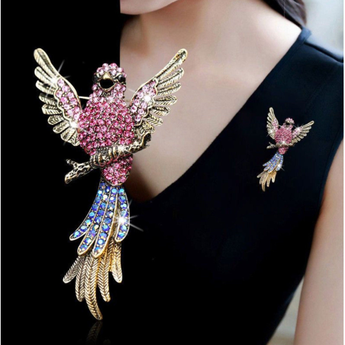 Multicolour bird big brooch vintage look gold plated suit coat broach pin ggg19