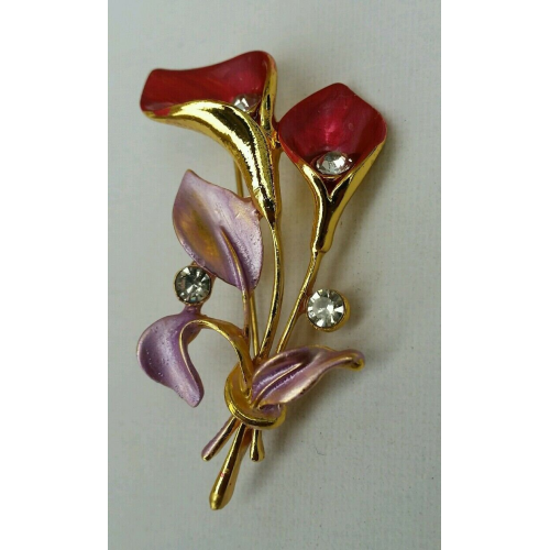 Stunning diamonte gold plated double lily flower brooch broach cake pin suits
