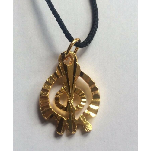 Small punjabi sikh singh gold tone khanda pendant in black thread necklace k8