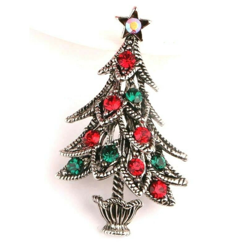 Vintage look stunning diamonte silver plated christmas tree brooch cake pin b48y