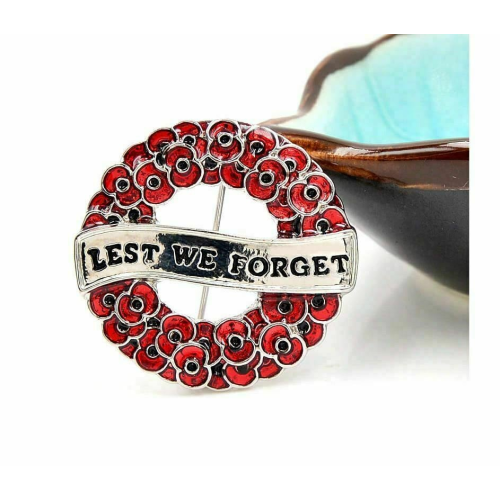 Vintage look silver plated enamel red poppywreath flower brooch pin wreath b48ol