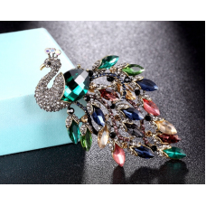 Peacock brooch gold plated multicolour blue green stones broach good luck pin gg